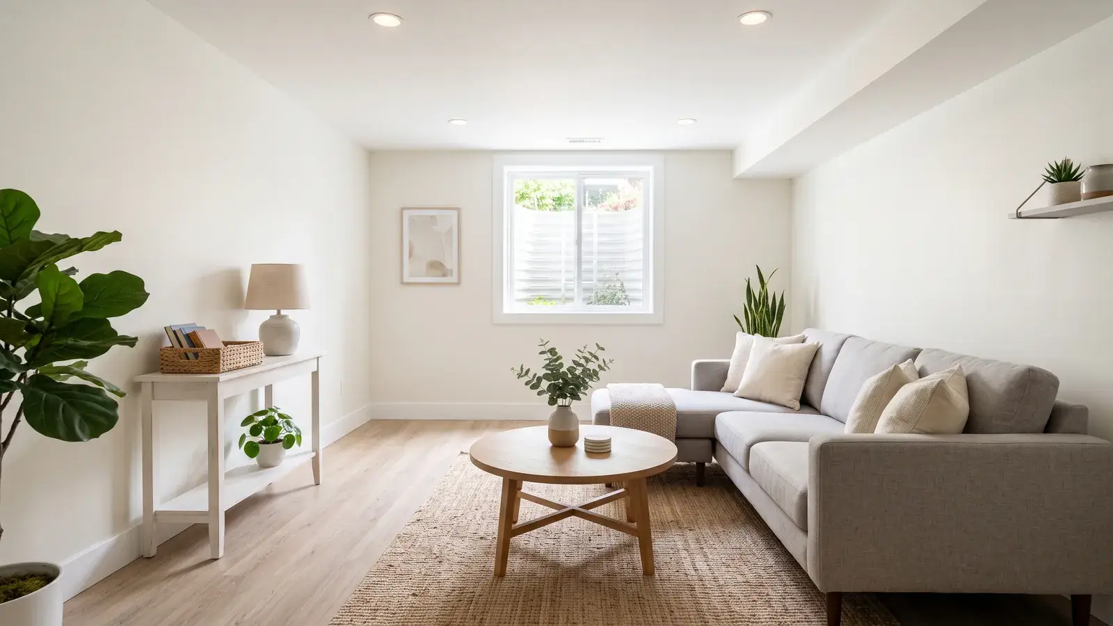 The same basement restored, with clean walls and a new floor