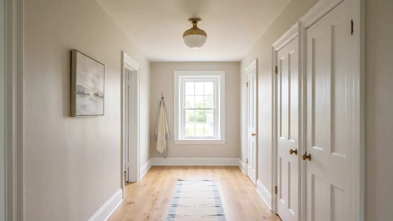 The same hallway restored, with a new ceiling, clean walls and a wood floor