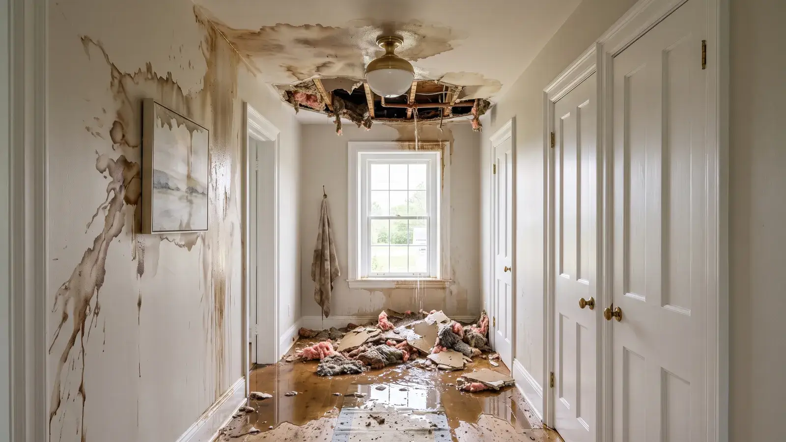 Upstairs hallway where a burst pipe has brought the ceiling down, with water stains on the walls and wet insulation and drywall on the floor