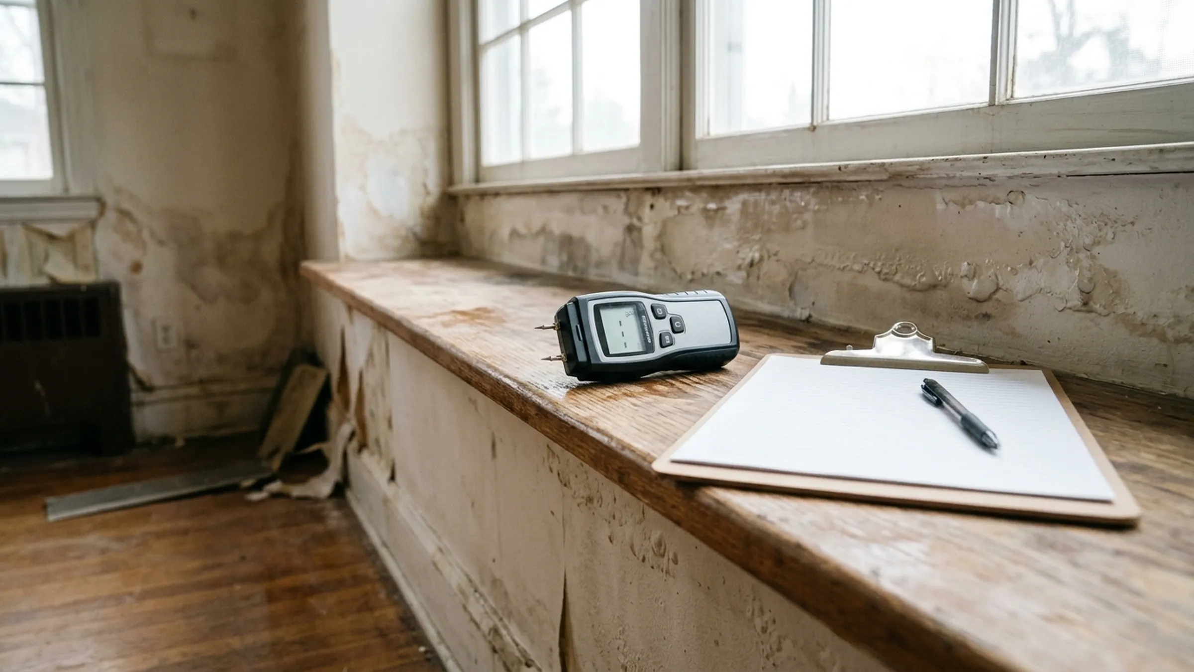 A moisture meter and clipboard in a water-damaged room