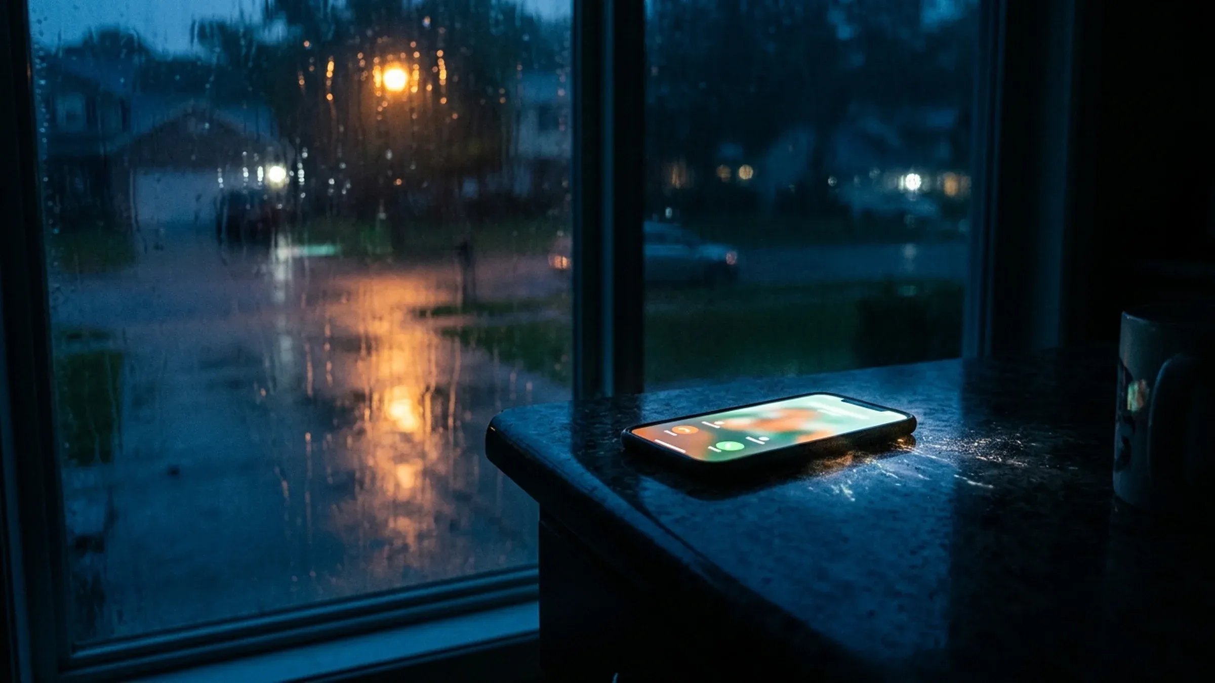 A phone lit by a night call, with a storm and a flooded driveway outside the window