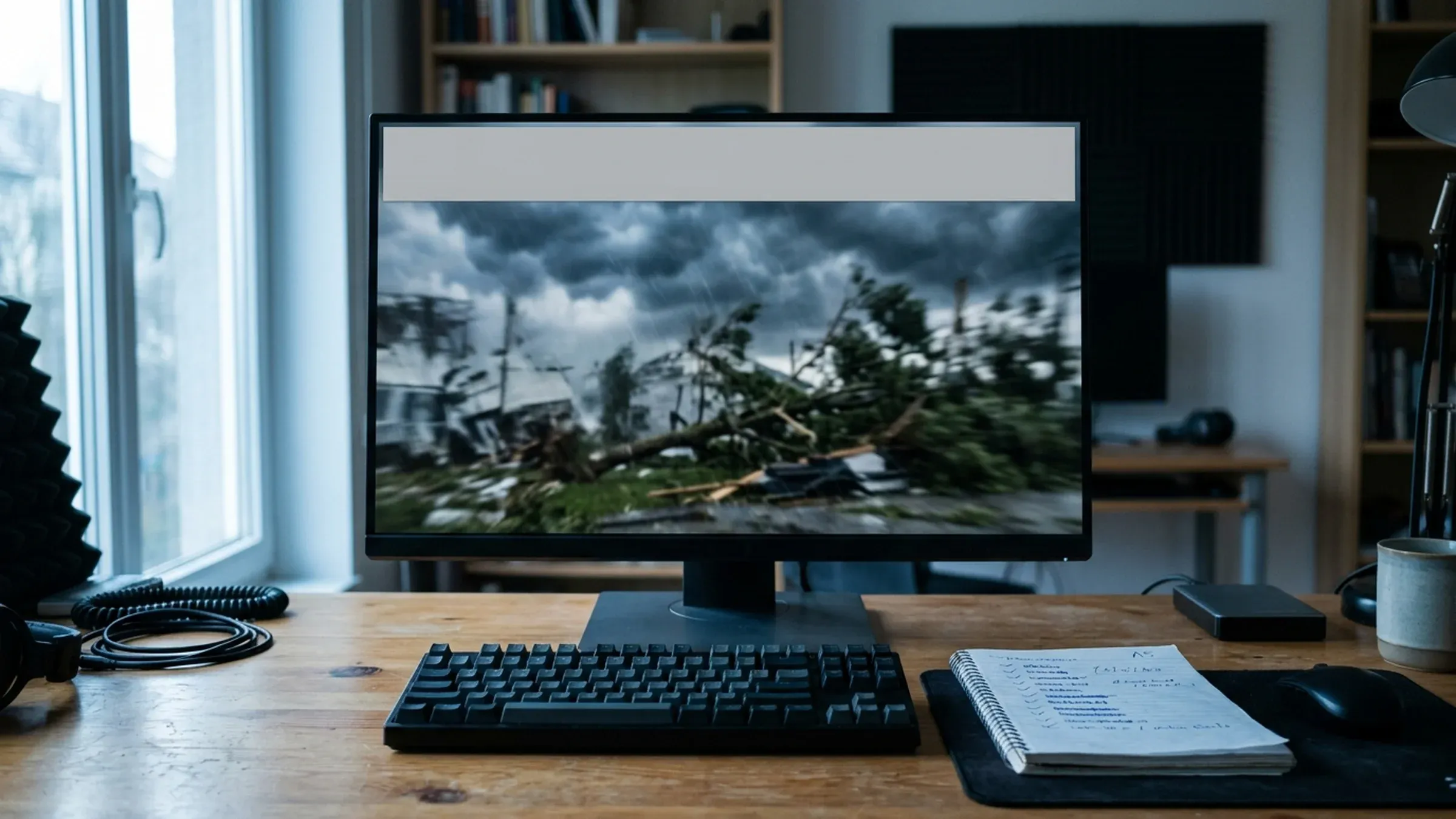 An editing desk with a monitor playing a clip beside a notepad checklist