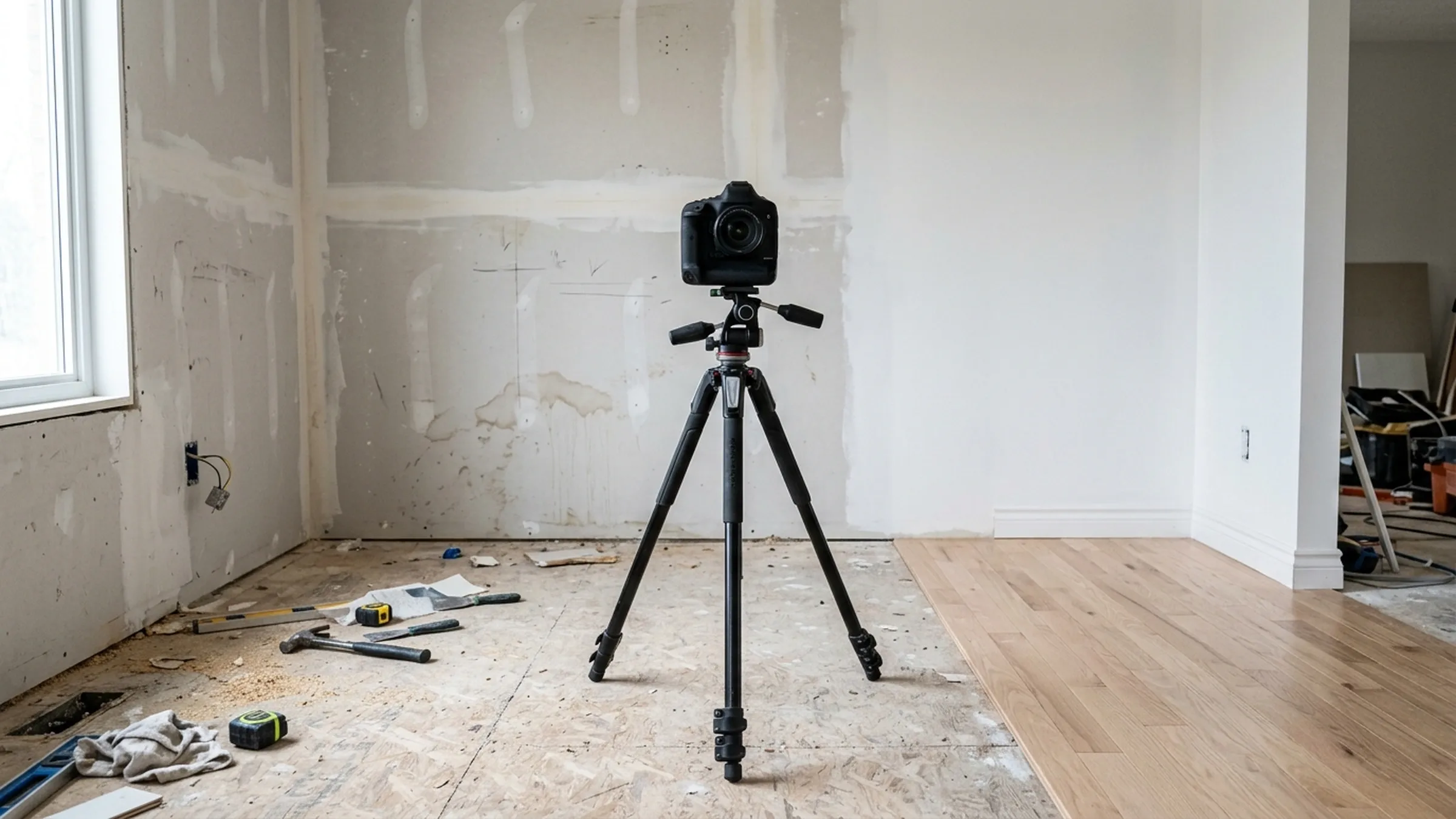 A camera set up in a room part way through restoration