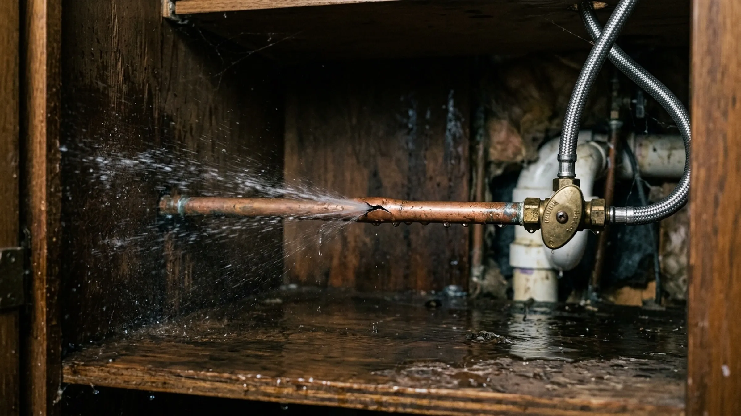 A split copper pipe spraying water under a sink