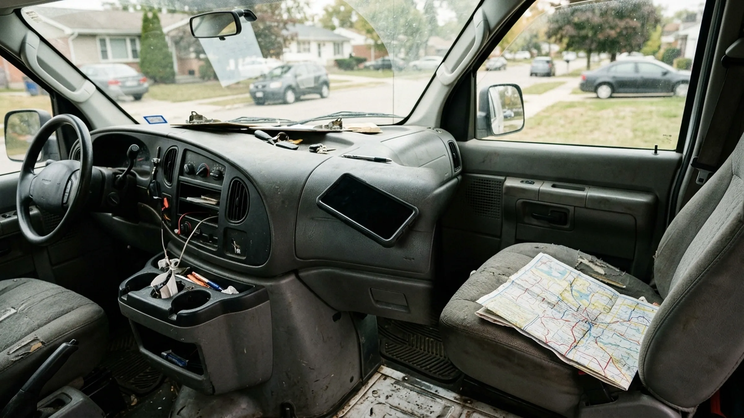 A phone resting on a van dashboard beside a paper map