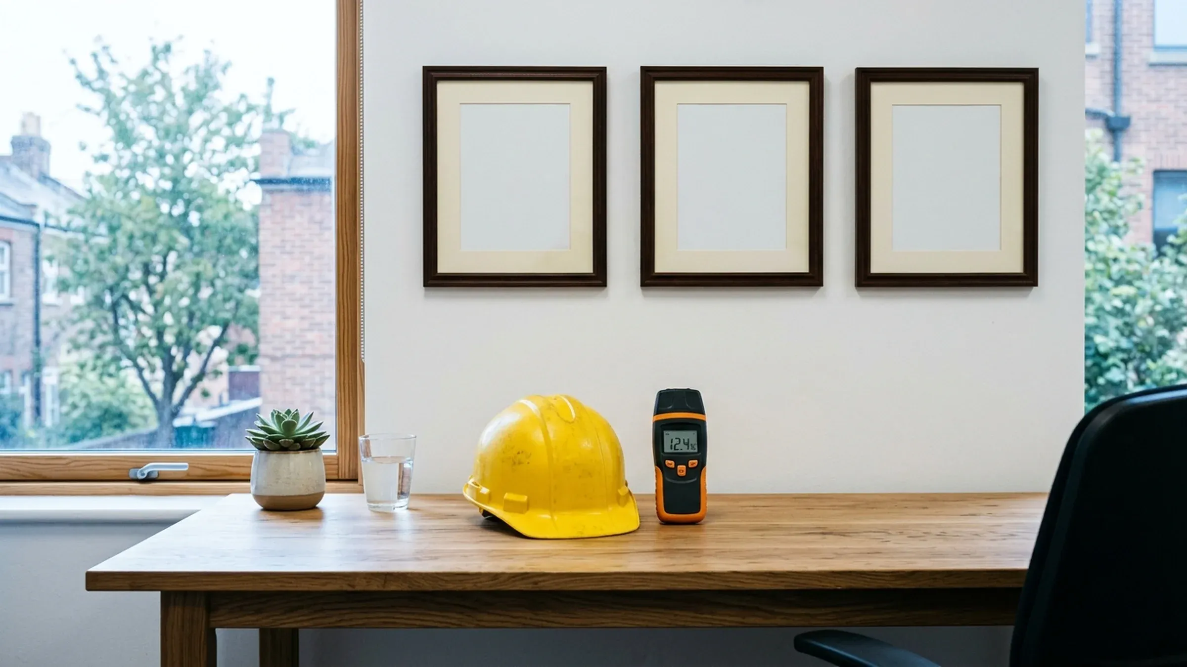 Certificates, a hard hat and a moisture meter on a tidy desk