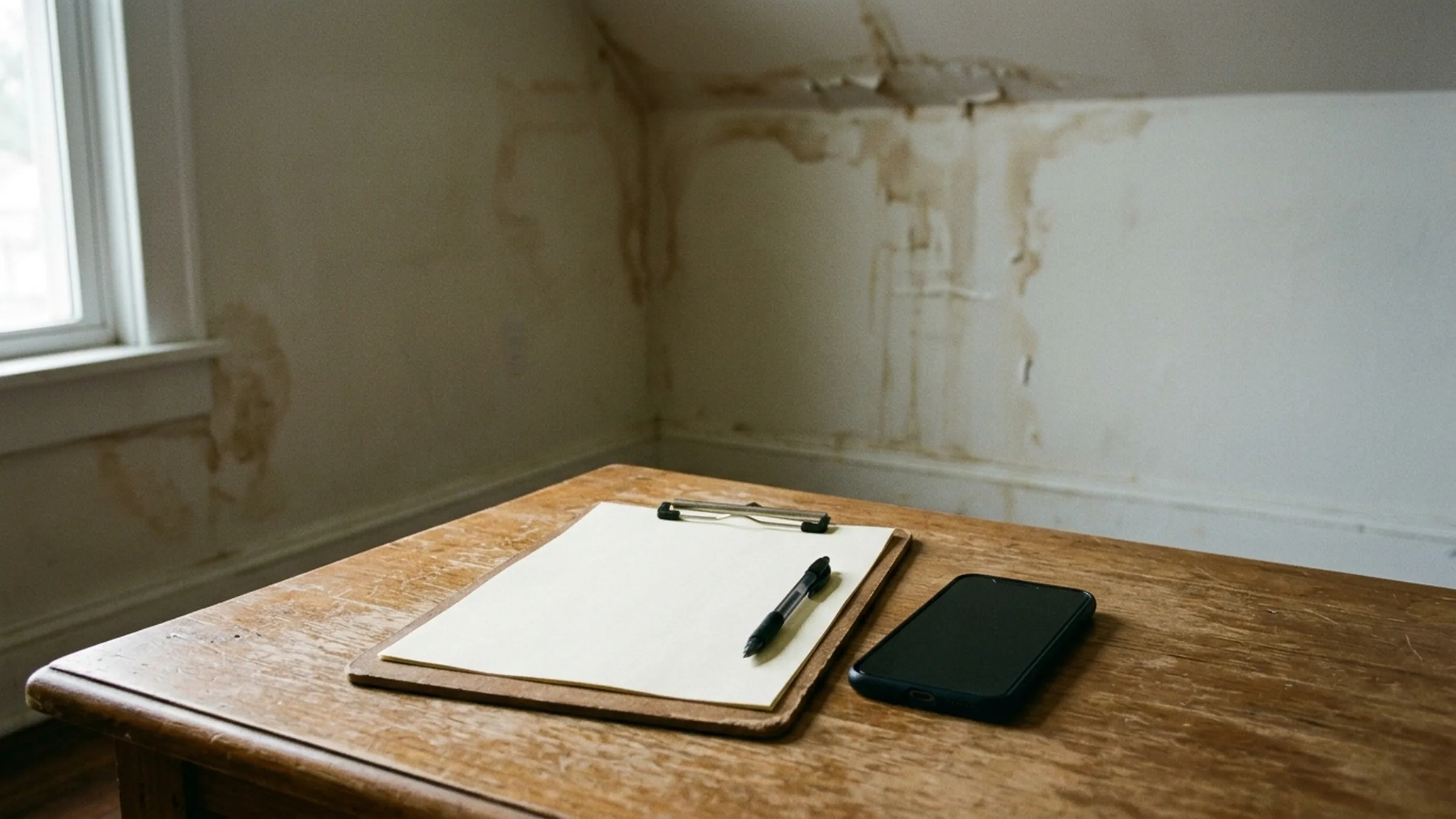 A phone and clipboard in front of a water-stained wall, ready to document the damage