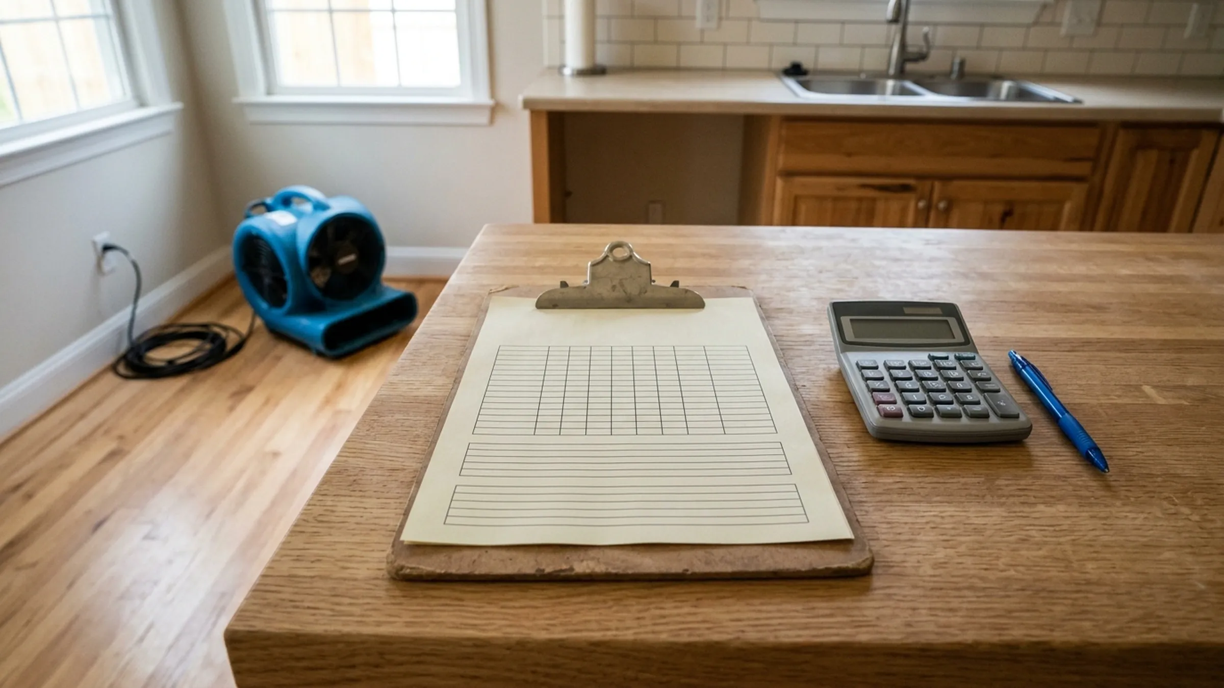 A blank estimate form on a clipboard with a calculator and pen