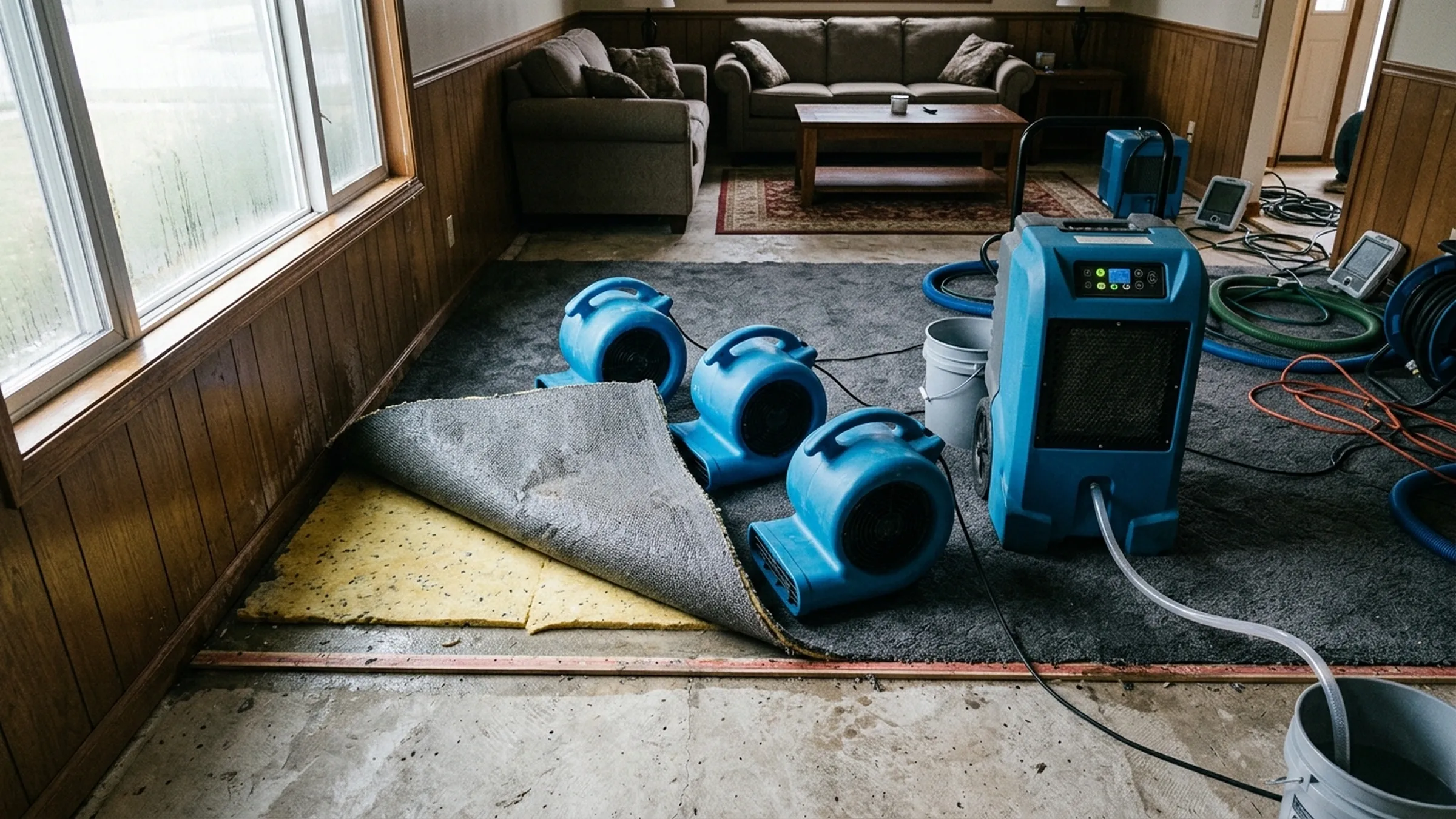 Drying equipment running in a room after water damage