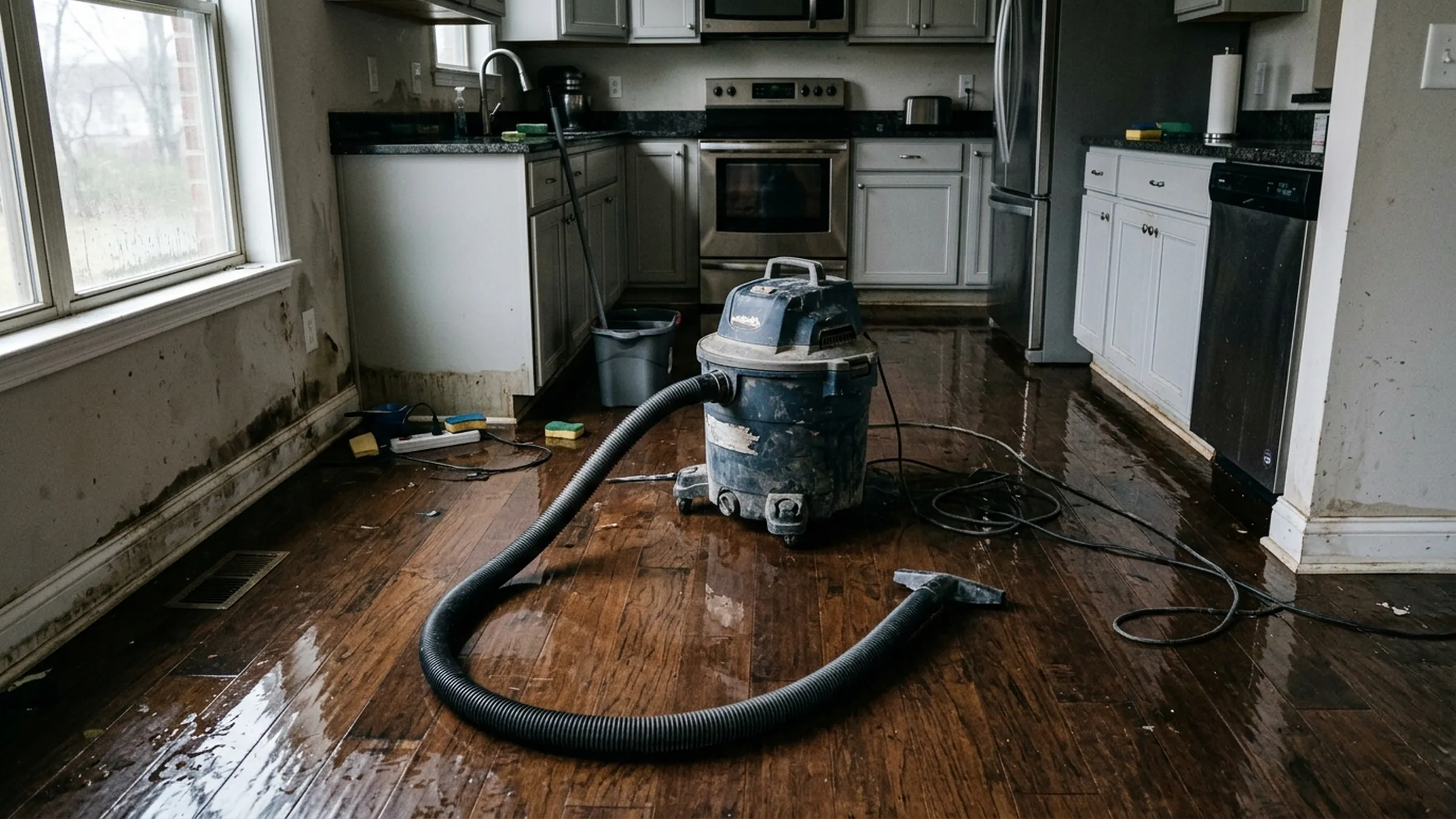 A kitchen floor covered in shallow water with a wet/dry vacuum ready to remove it