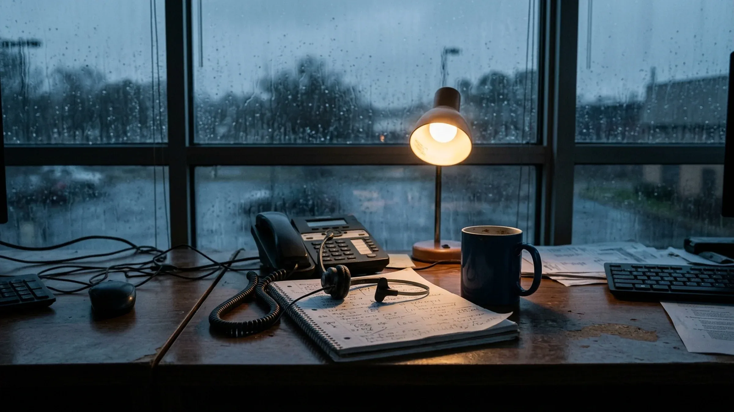 A headset on a notepad at a dispatch desk with rain at the window