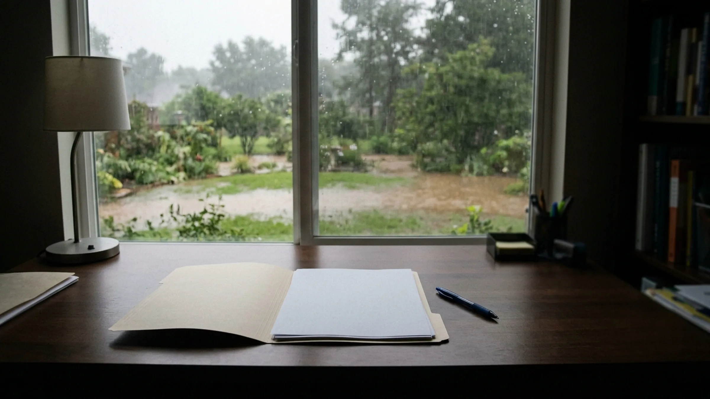 A folder of policy papers on a desk beside a window onto a flooded yard