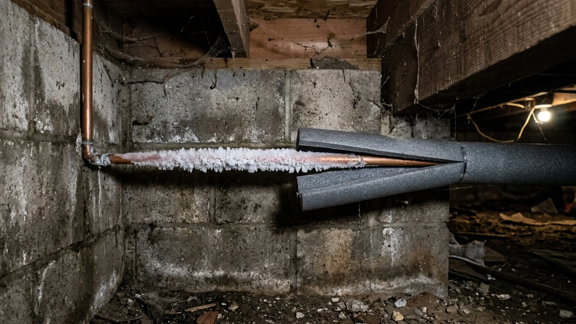 A frosted water pipe in a crawl space beside a half-fitted insulation sleeve