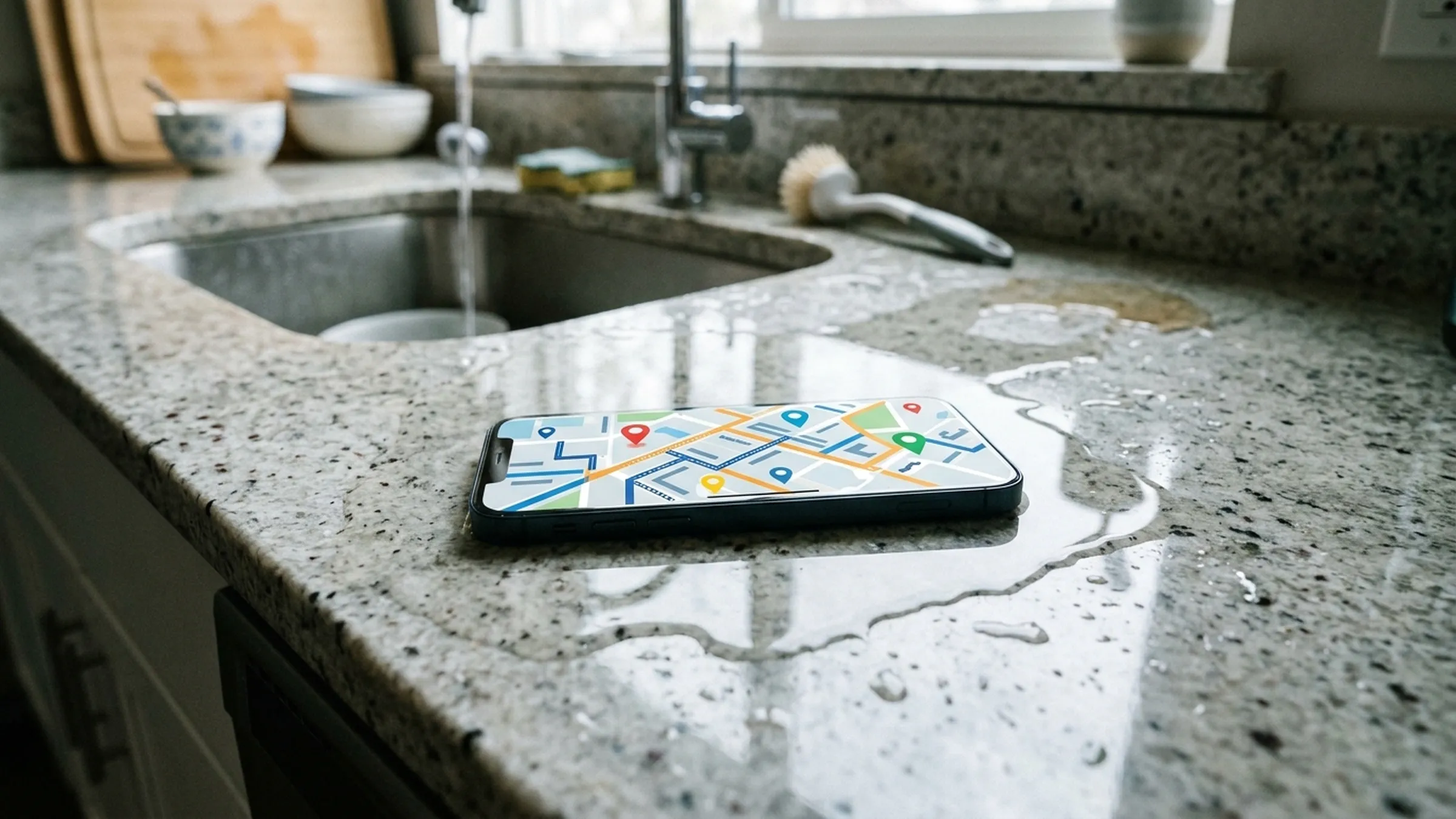 A smartphone showing a map on a kitchen counter after a leak