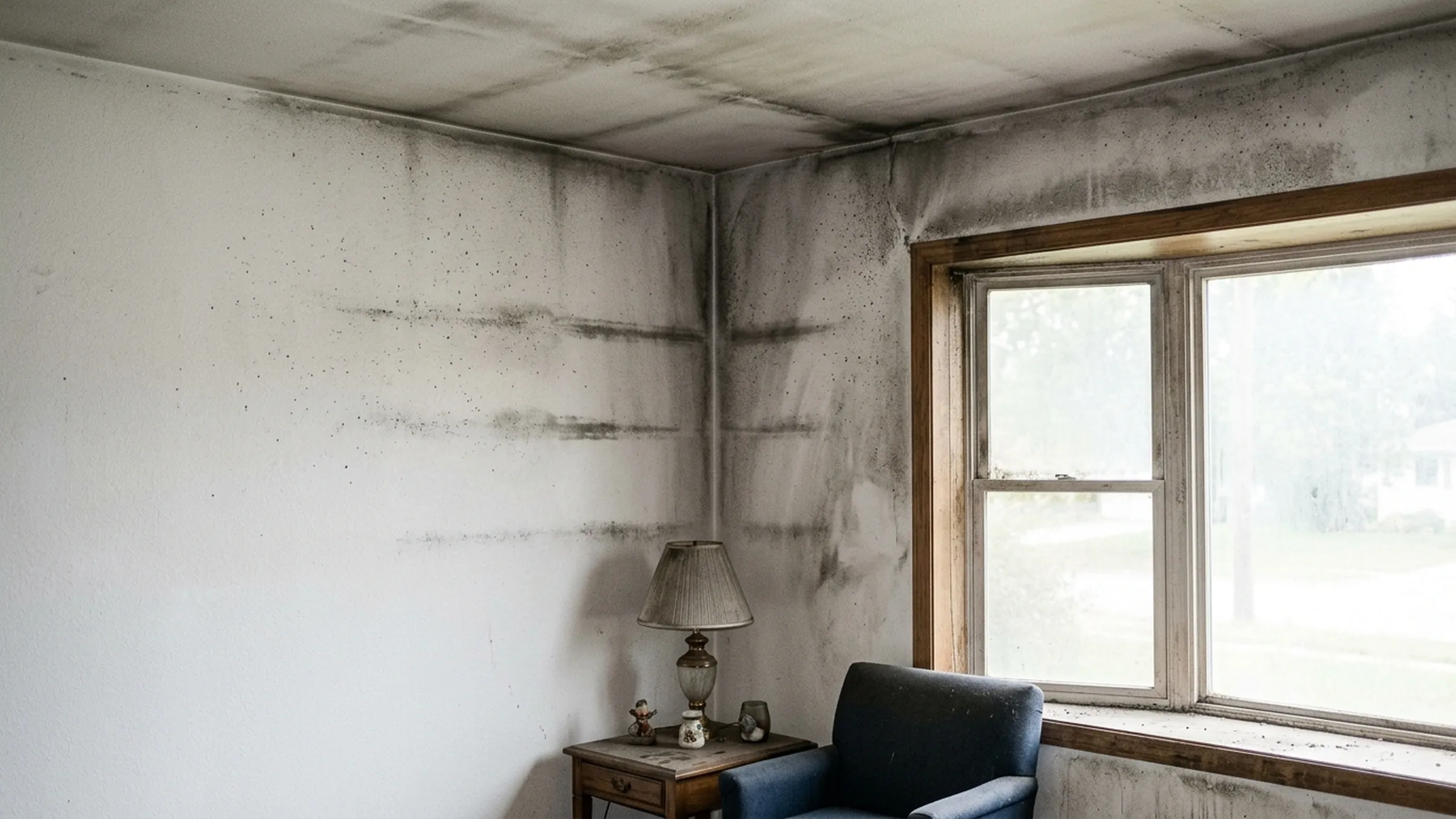 Soot streaks on a ceiling and wall after a house fire