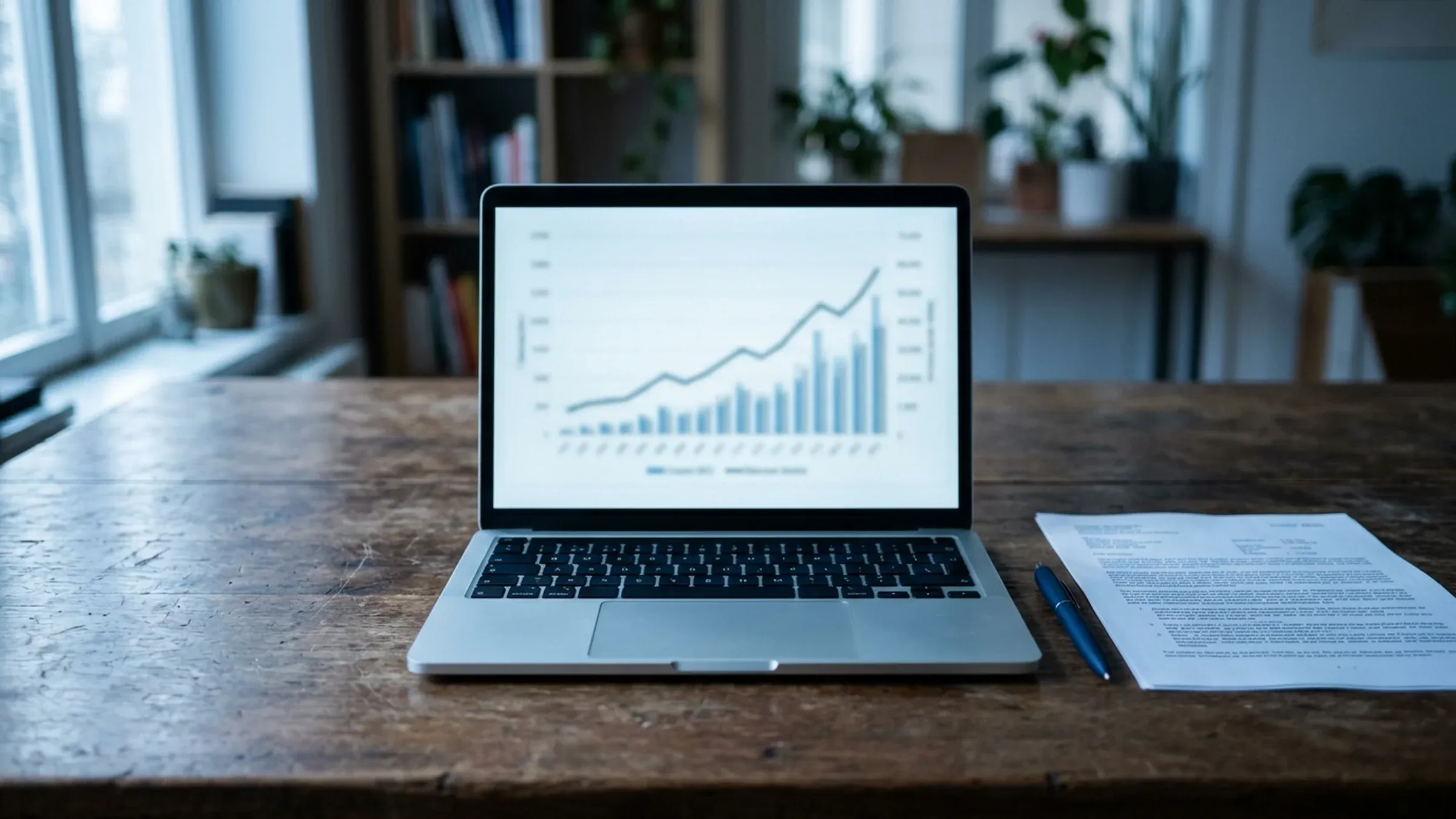 A laptop with a rising line chart beside a contract and a pen