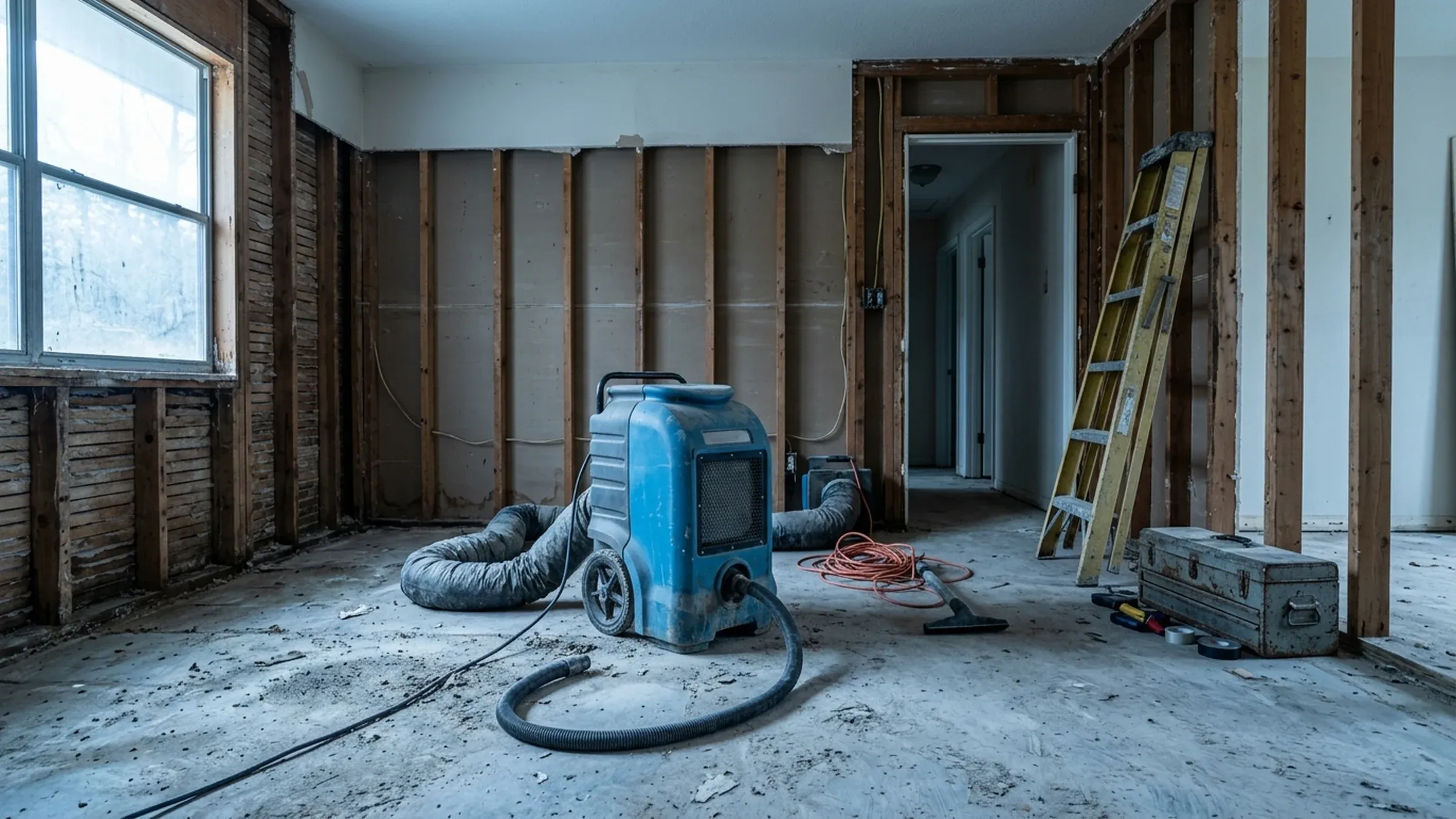 A gutted room with a dehumidifier, a ladder and a toolbox waiting