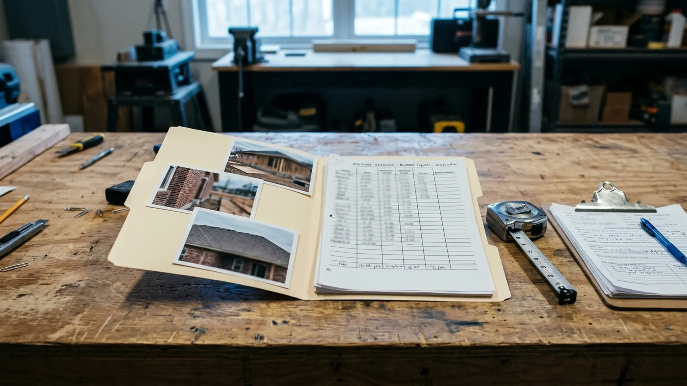 An open job folder with photos, a tape measure and a clipboard