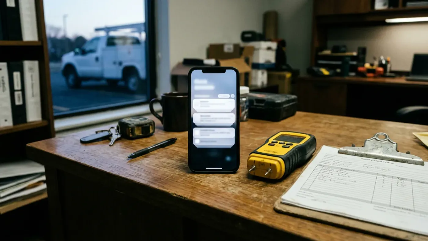 A phone full of new notifications on a restoration office desk beside a moisture meter