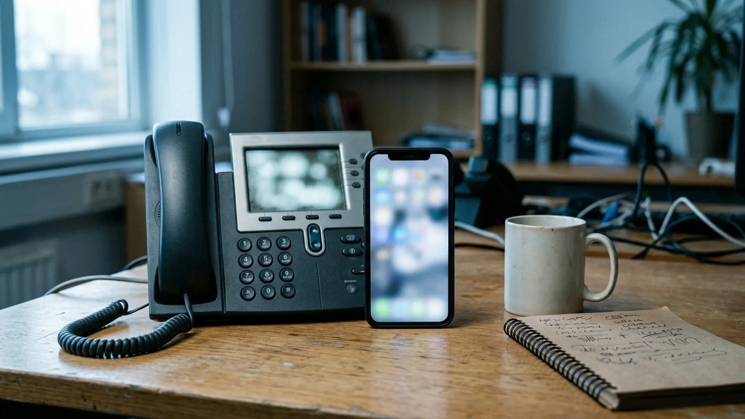 Two phones ringing on a desk beside a notepad