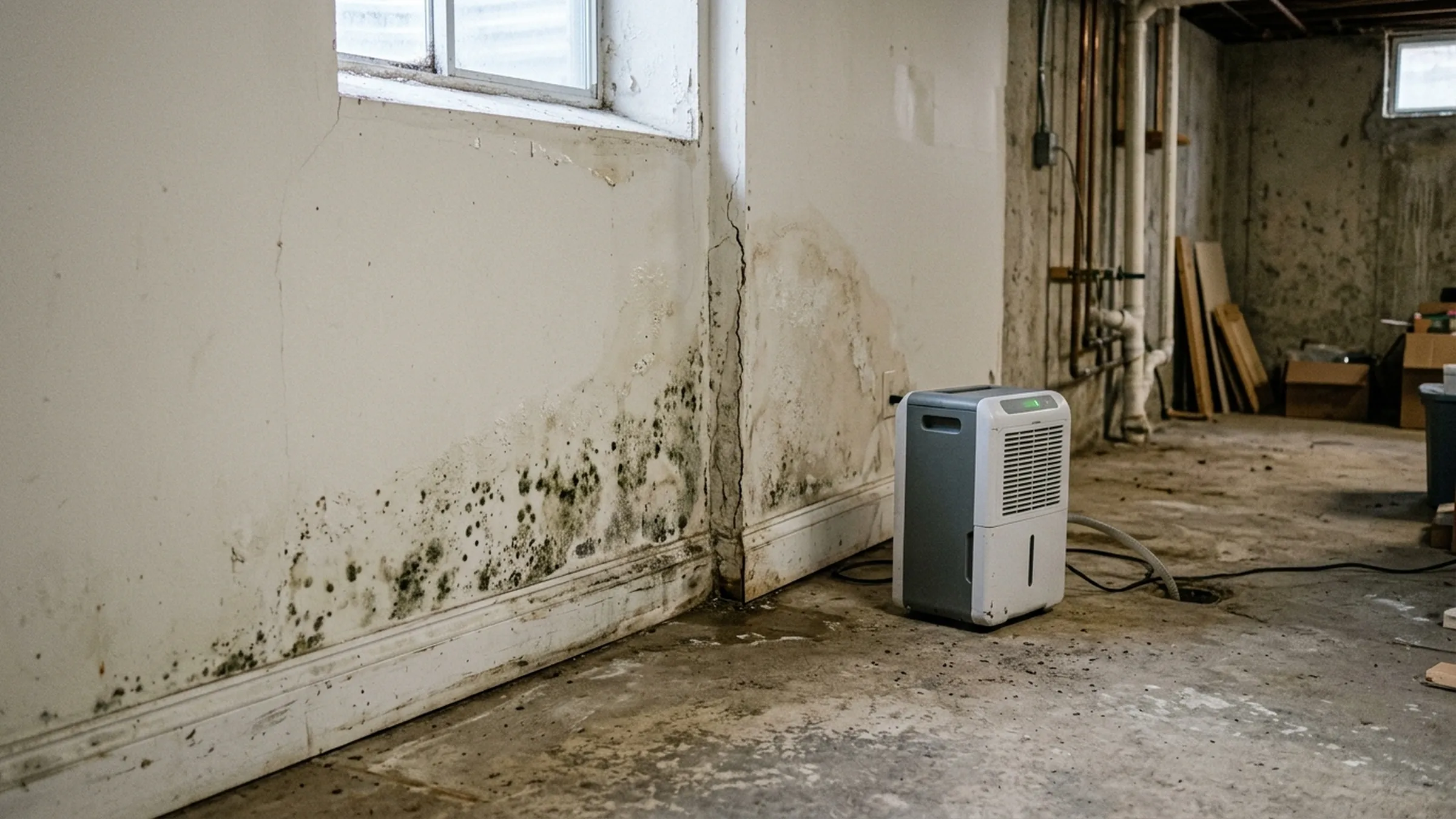 Mold beginning to grow on a damp wall above the baseboard