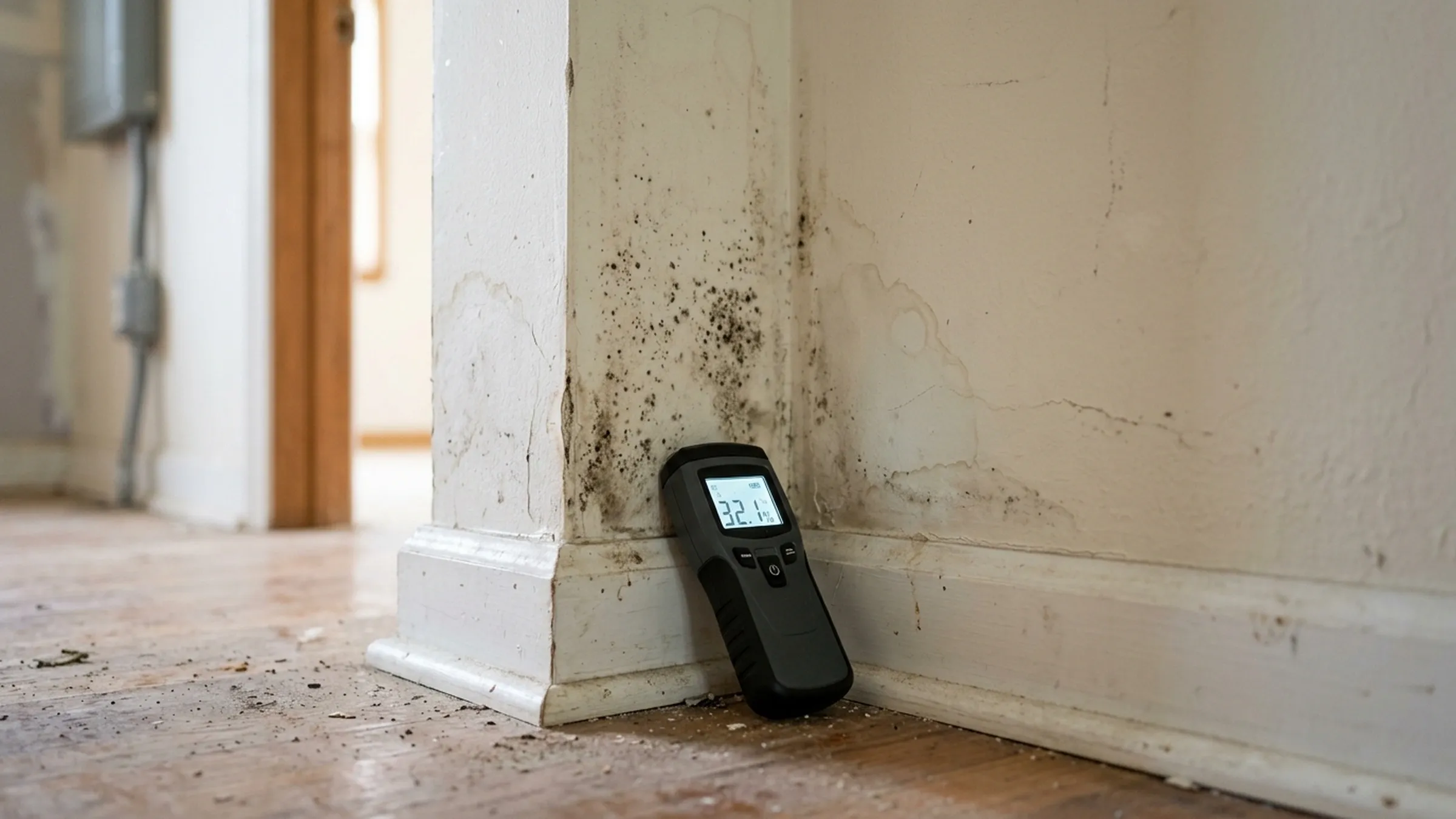 A moisture meter beside a damp wall corner with mold spotting