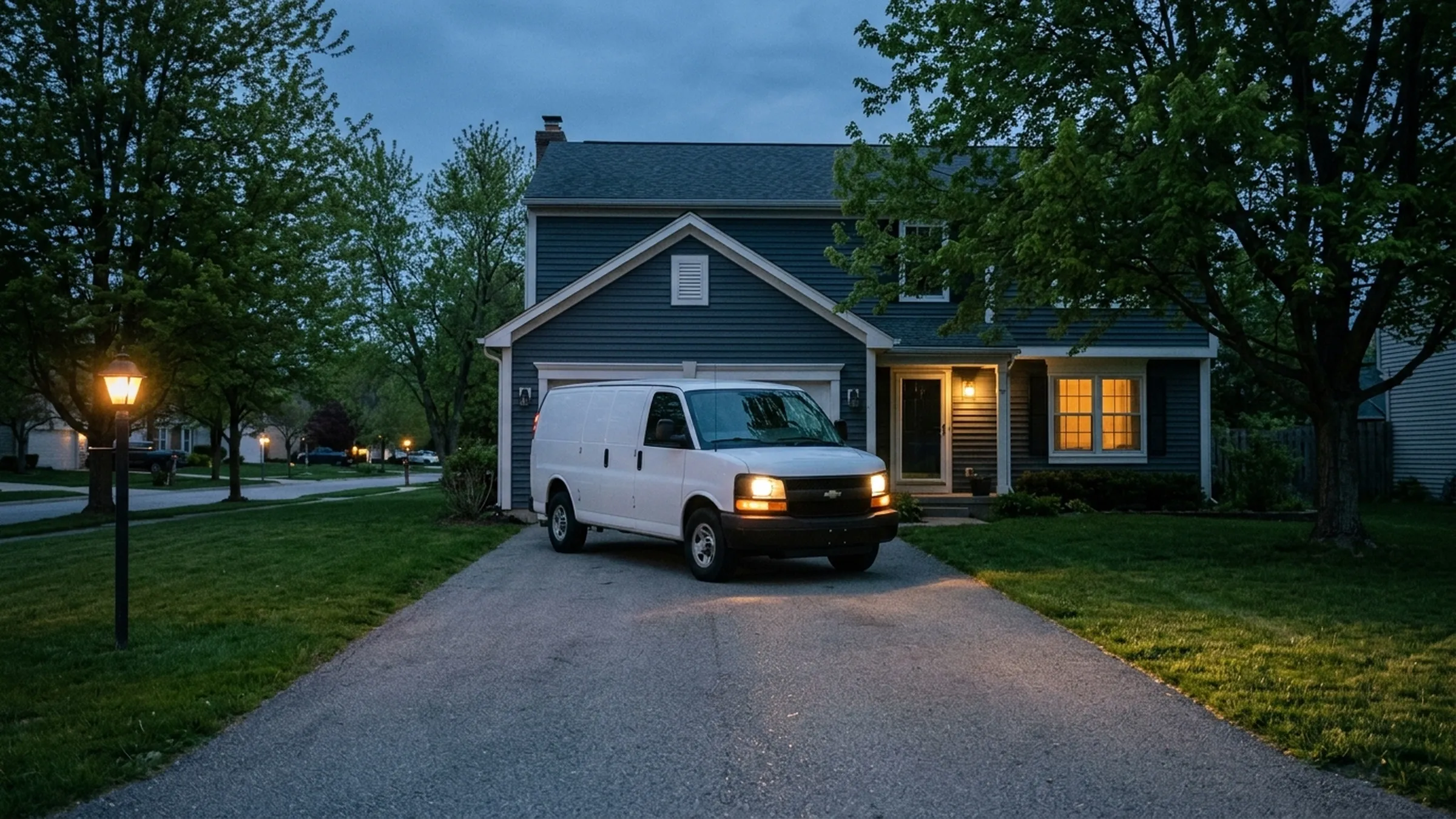 A service van arriving at a house at dusk