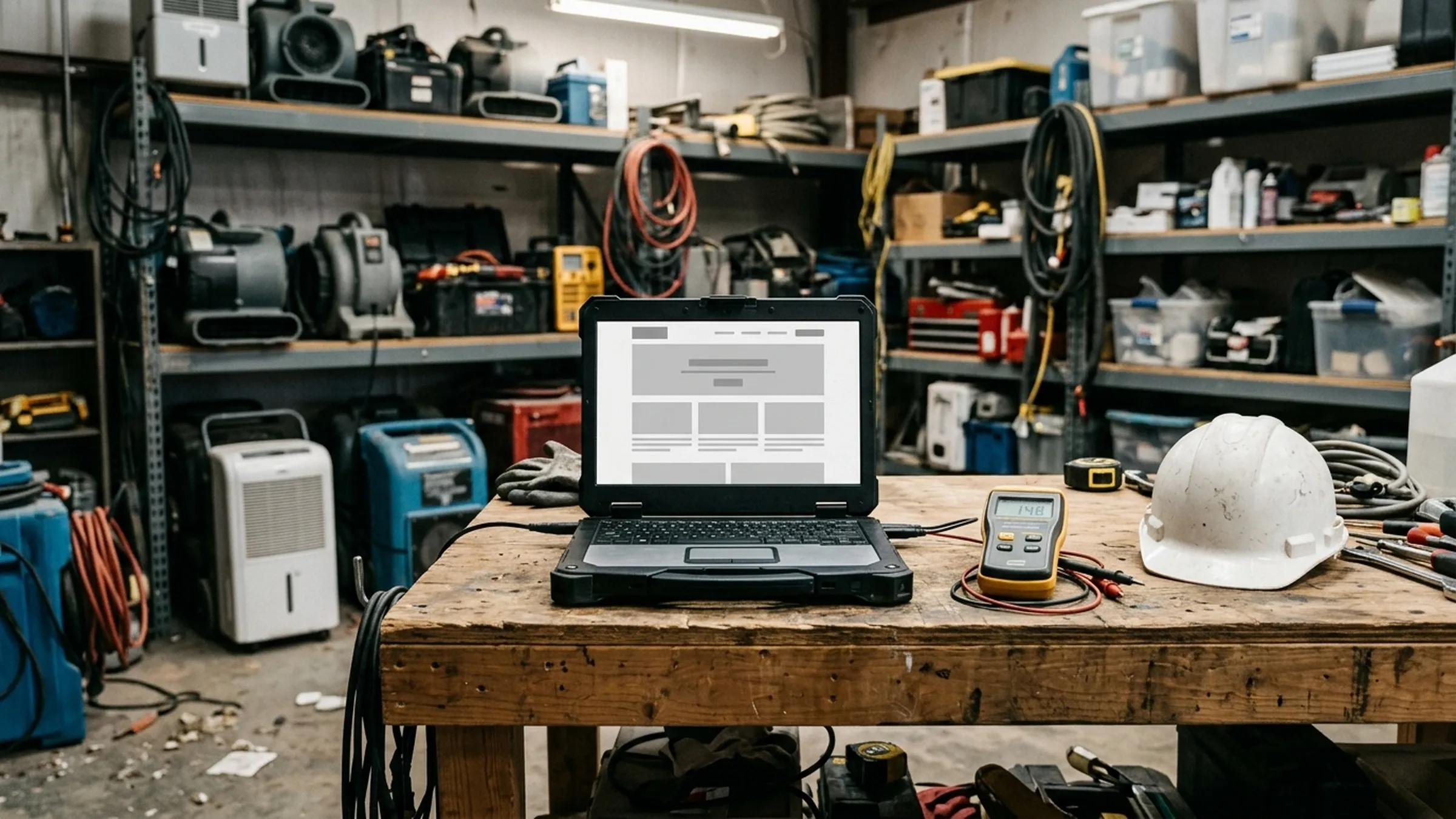 A laptop on a workbench beside a moisture meter and a hard hat