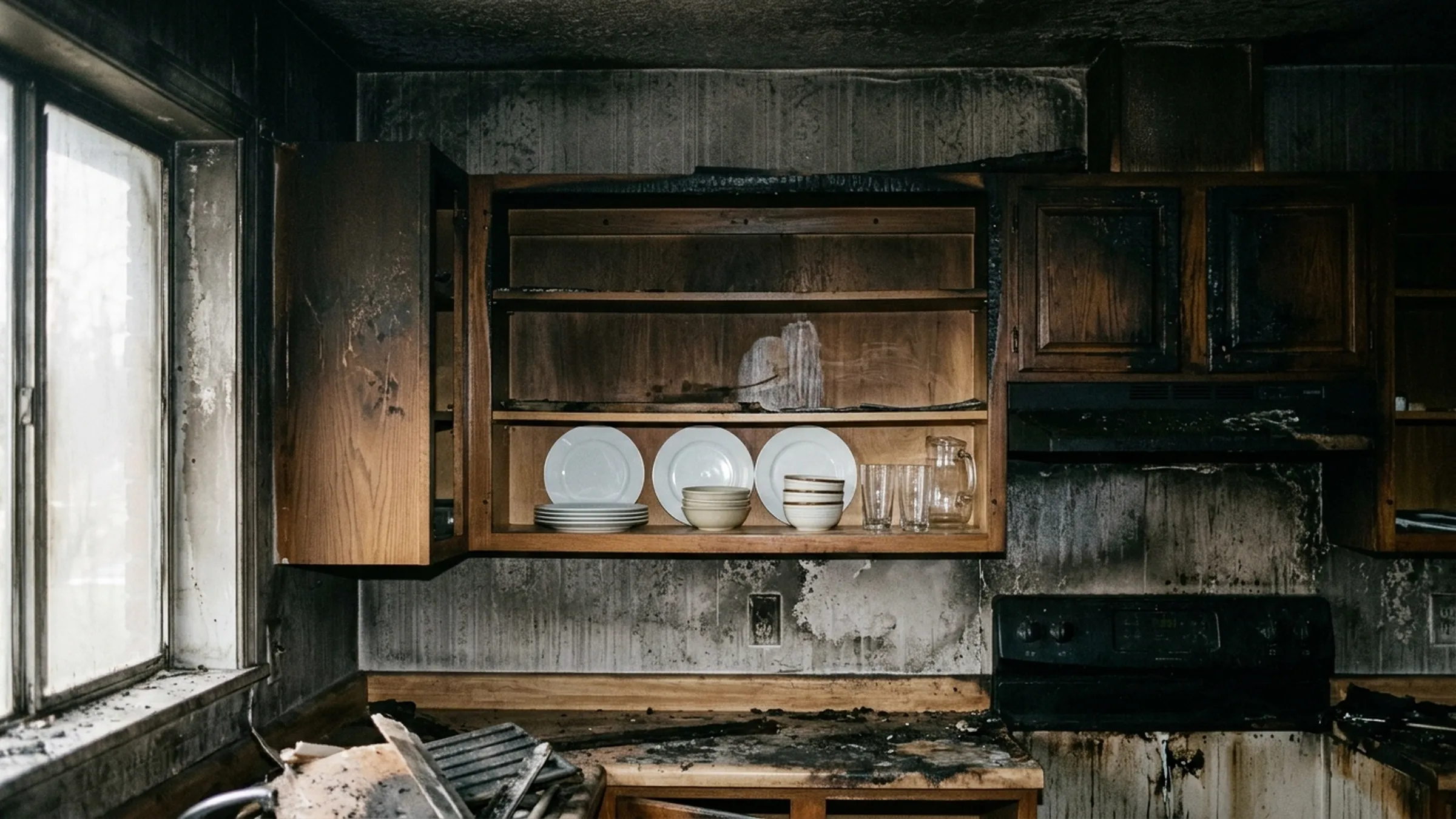 Cleaned dishes and glassware on a shelf in a fire-damaged kitchen