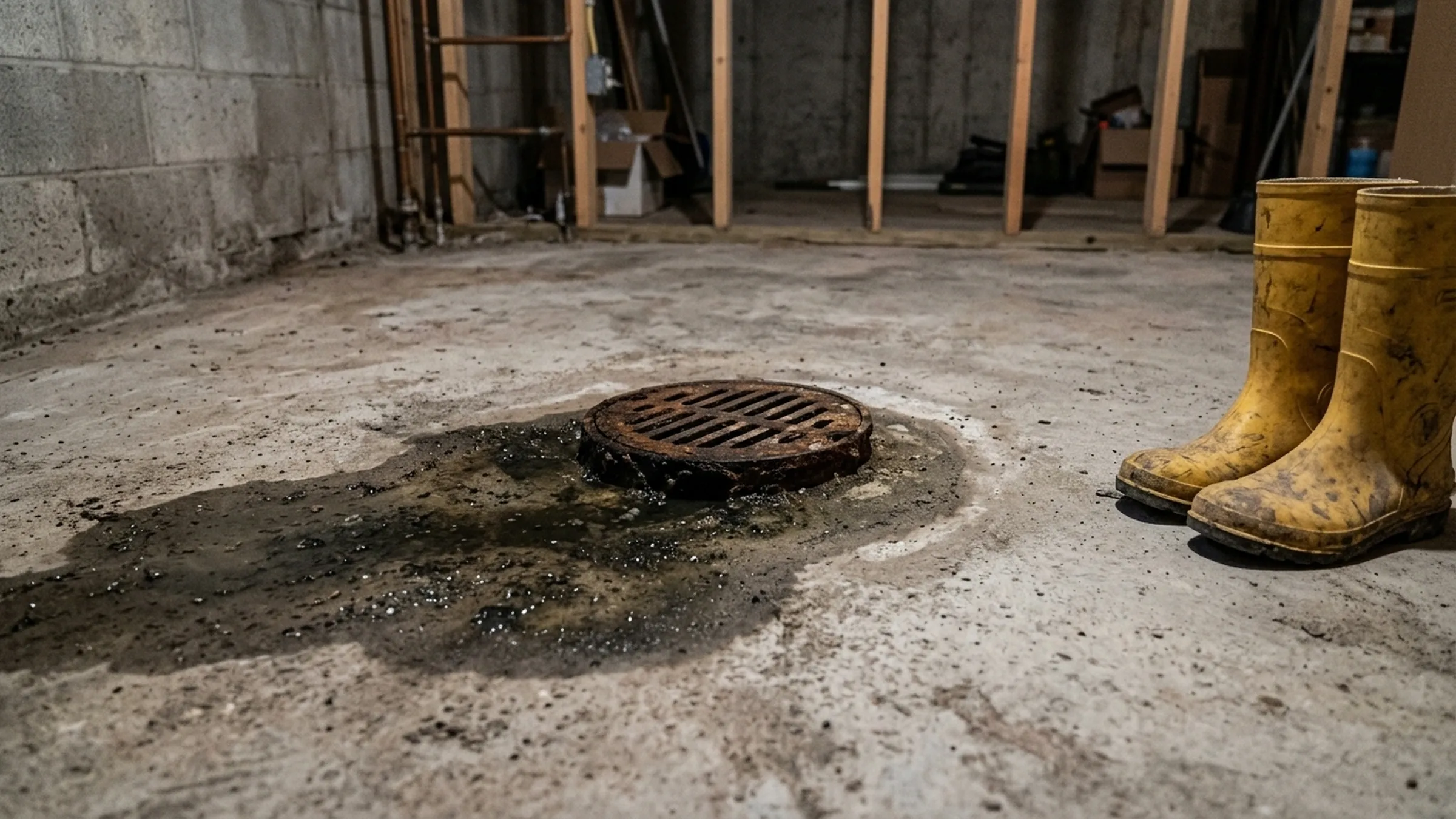 Dirty water pooling around a basement floor drain after a sewer backup