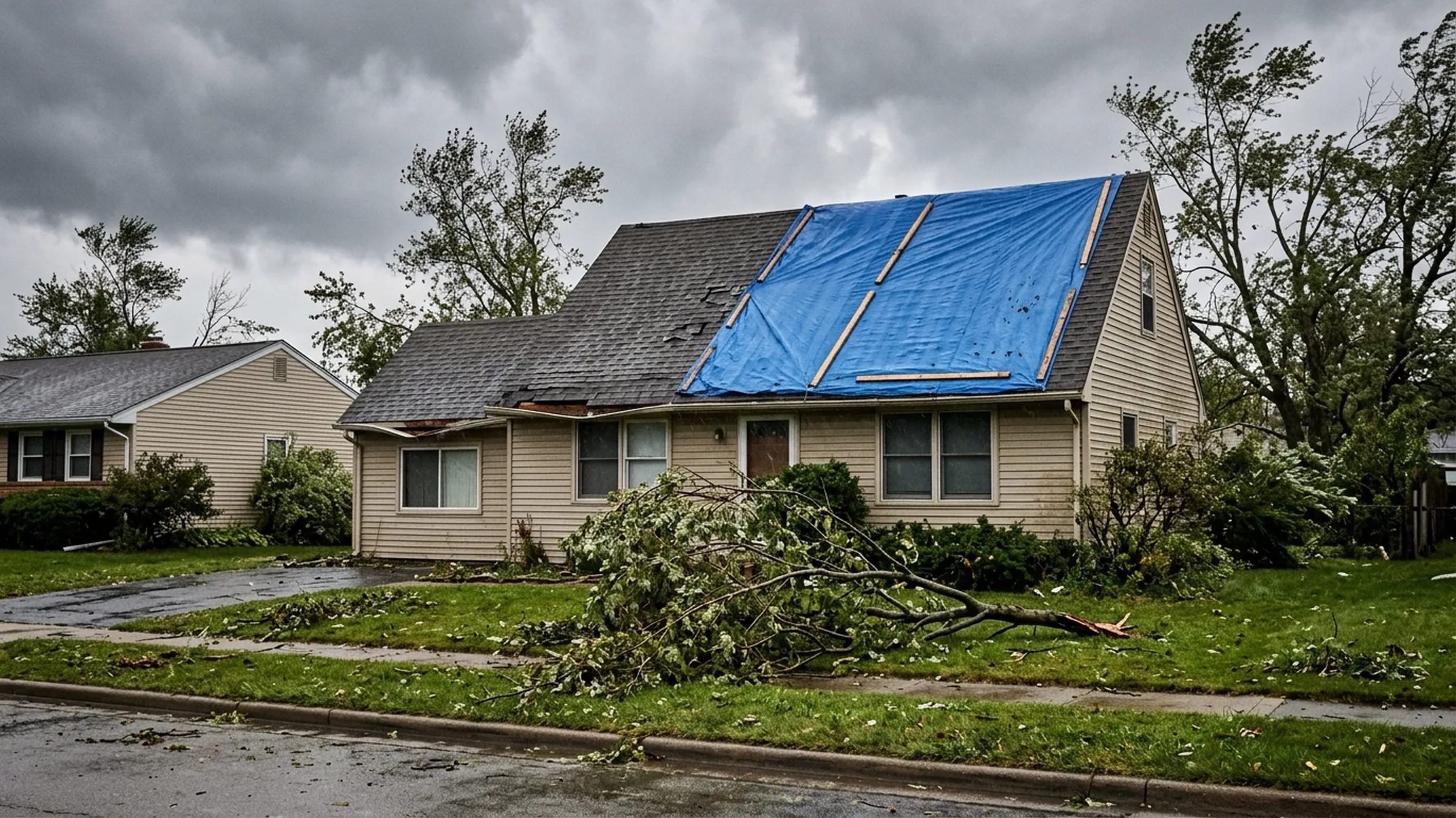 A house roof covered with a blue tarp after a storm