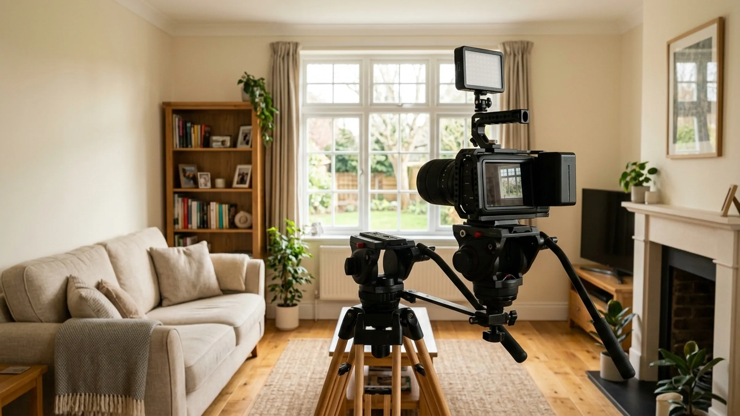 A video camera on a tripod set up in a living room