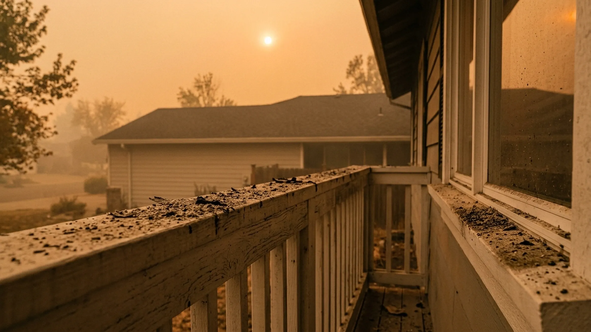Ash on a window sill and porch rail under an orange wildfire-smoke sky