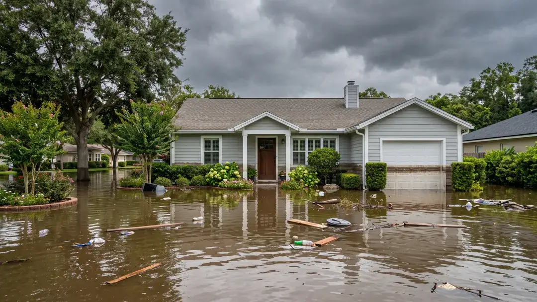 Single-story house with floodwater across the yard and debris floating toward the front door