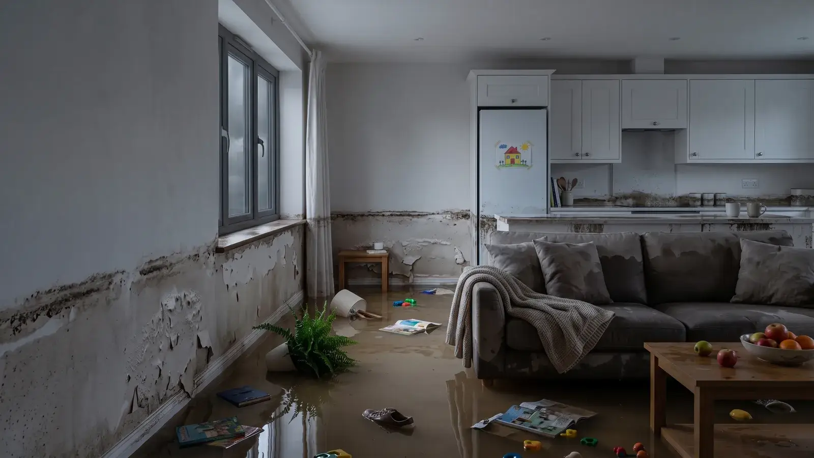 Living room and kitchen under standing floodwater, with a waterline and peeling plaster along the walls and toys floating on the floor