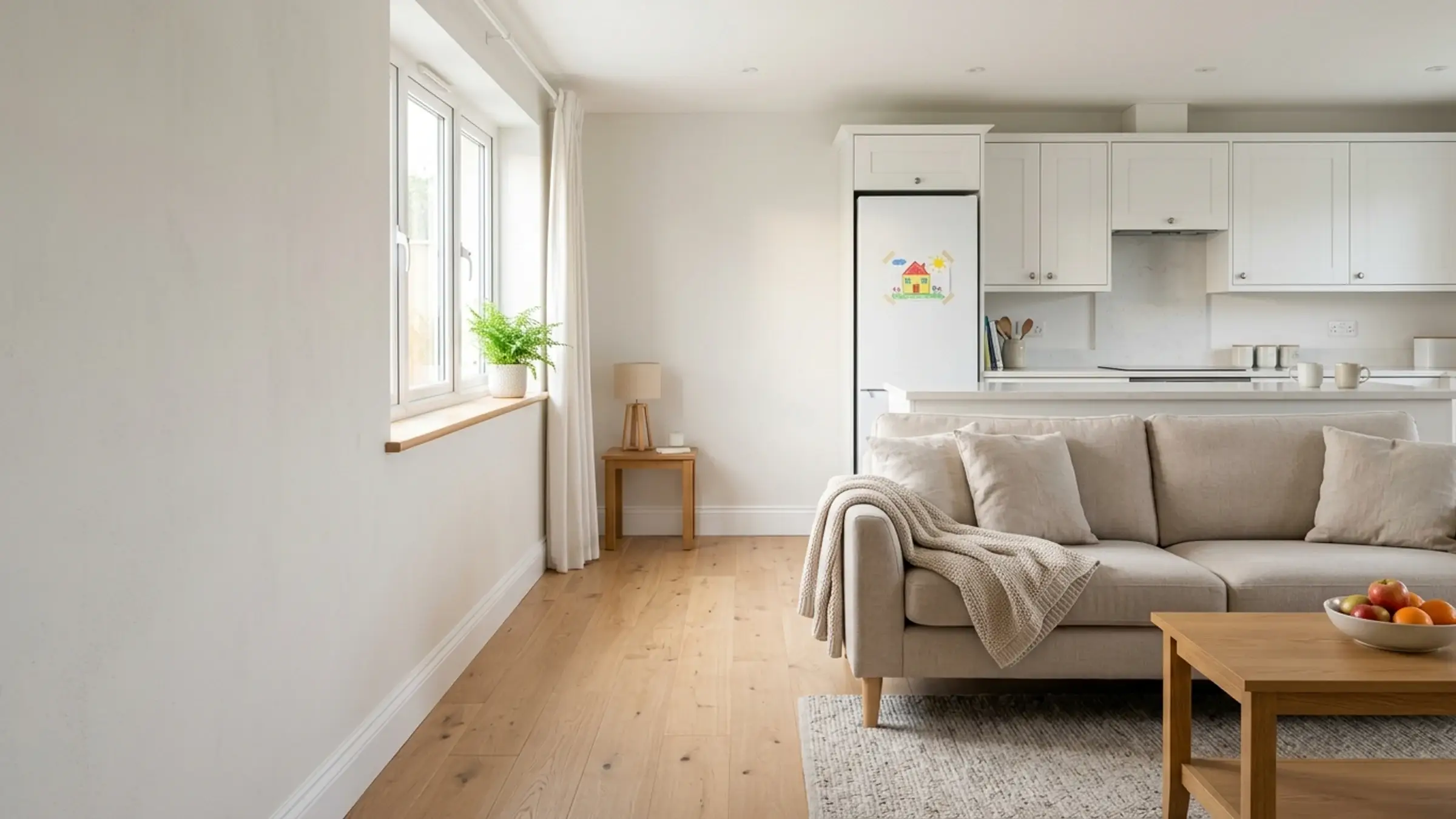 The same living room and kitchen restored, with light oak flooring and fresh white walls