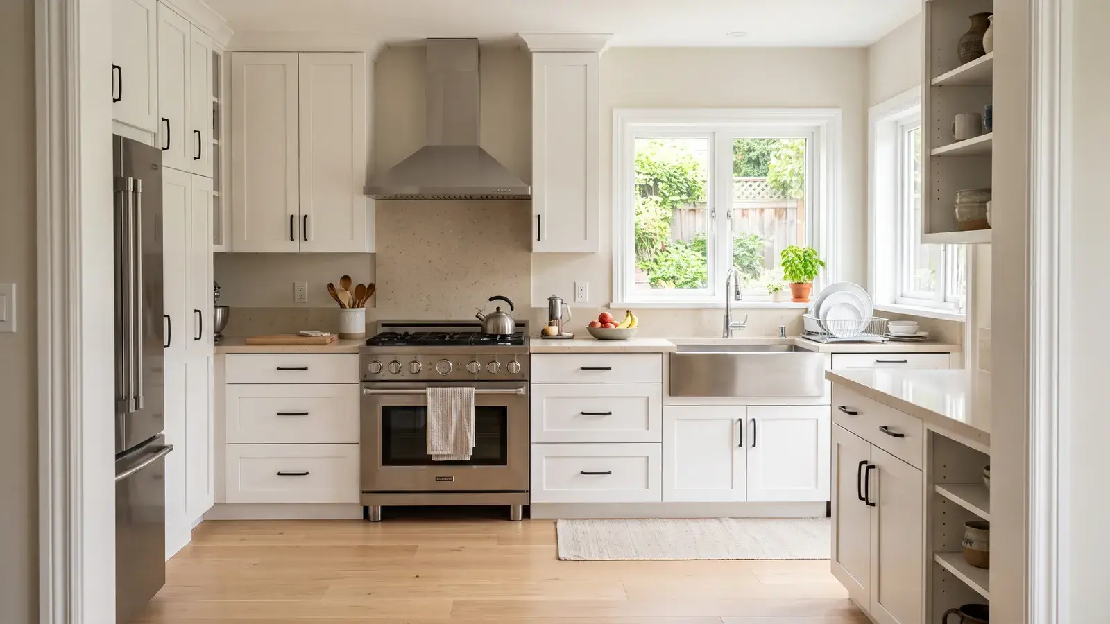 The same kitchen restored, with clean white cabinets, a new range hood and a bright window