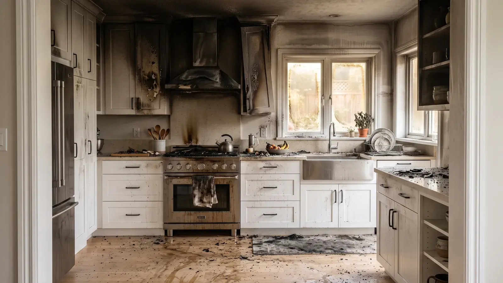 Kitchen blackened by fire, with charred cabinets, a scorched range hood and soot across the floor