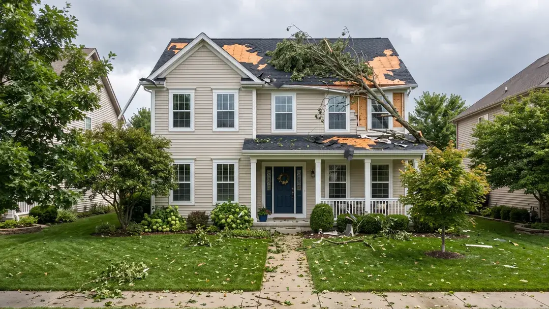 Two-story house after a storm, with a fallen tree across the roof, shingles torn away and branches on the lawn
